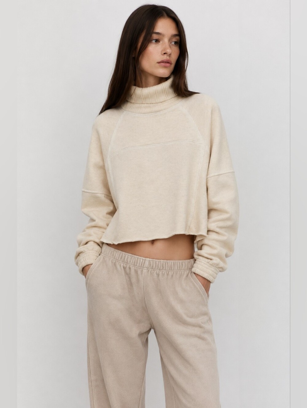 Aerie New Heights Turtleneck Crop Cropped Sweater Small Oat